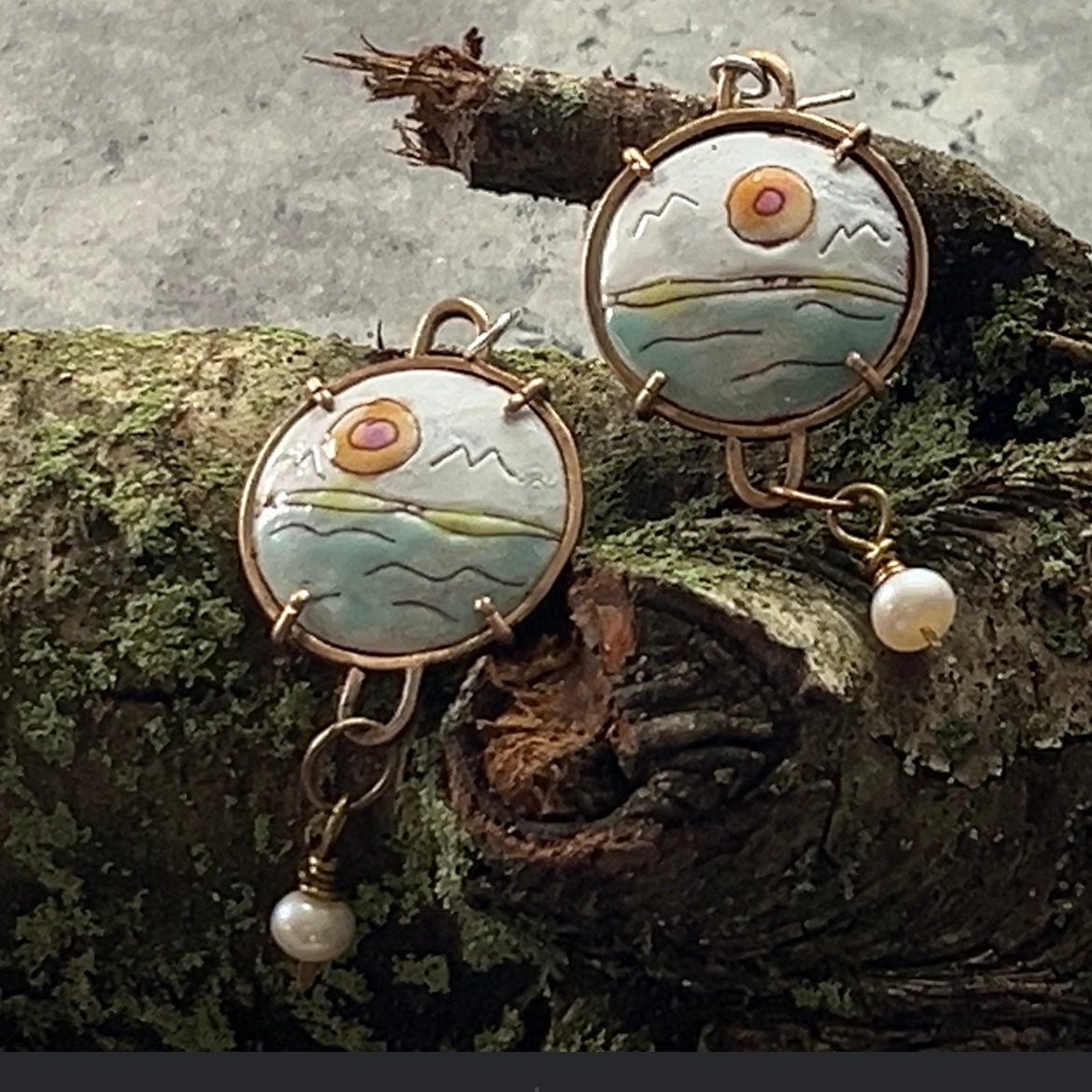 Sunshine Over the Bay-Brass and Enamel on Copper Earrings