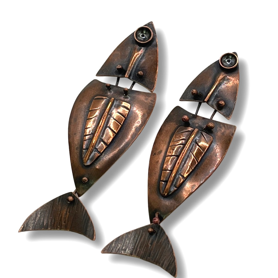 long modern hand forged metalsmith copper fish earrings