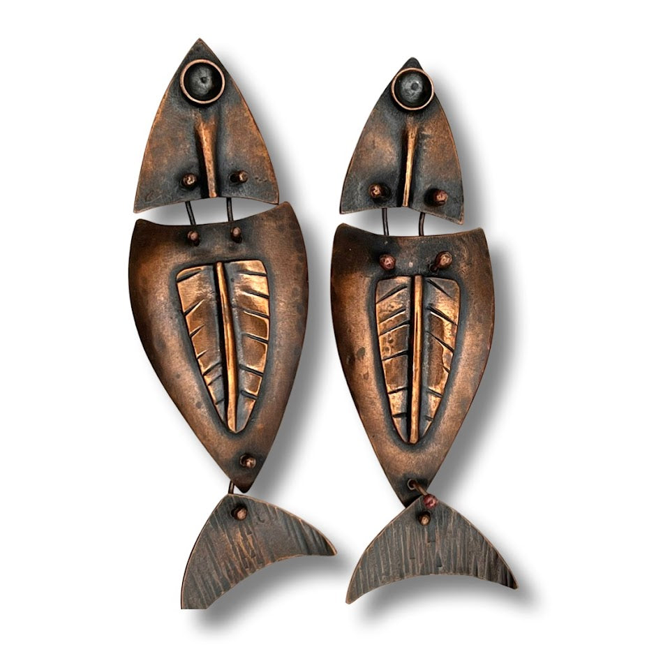 long modern hand forged metalsmith copper fish earrings
